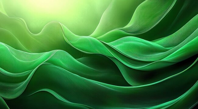 layered flowing translucent green ribbons and wave-like fabric folds with soft glowing light, serene and calming mood
