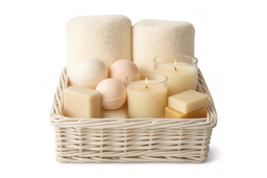 Spa wellness items in a wicker basket offering relaxation and self-care essentials on transparent background
