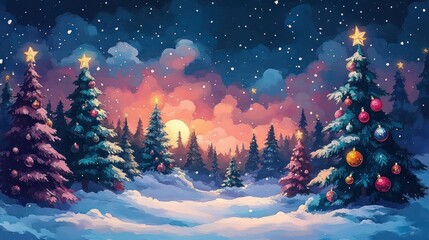 snowy twilight forest with decorated evergreen trees topped by glowing stars, colorful sunset clouds, falling snow and a serene magical holiday glow