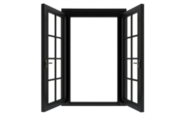 A pair of elegant black-framed double doors standing wide open. inviting light and fresh air into a bright. empty space. symbolizing openness and new opportunities