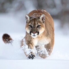 A large, tan feline strides powerfully towards the viewer through fresh, powdery white snow, creating a trail