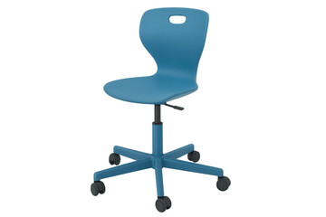 Blue plastic office chair with wheels and adjustable height, providing ergonomic support for students and remote workers
