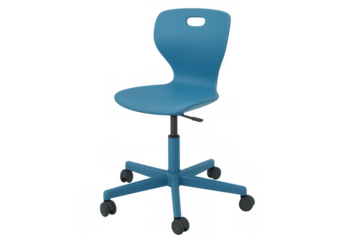 Blue plastic office chair with wheels and adjustable height, providing ergonomic support for students and remote workers