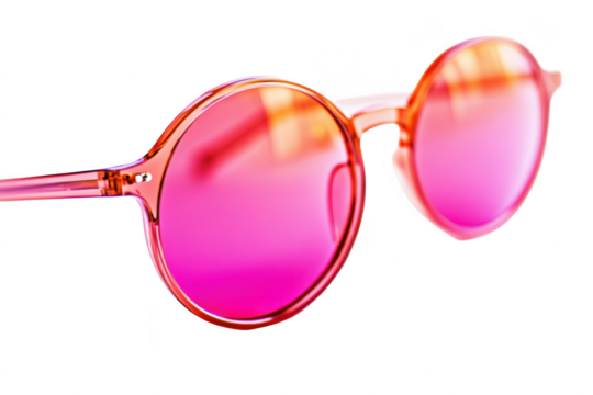 Stylish round sunglasses with pink lenses resting on a soft white surface. capturing the essence of summer fashion and outdoor activities. ideal for marketing or lifestyle content