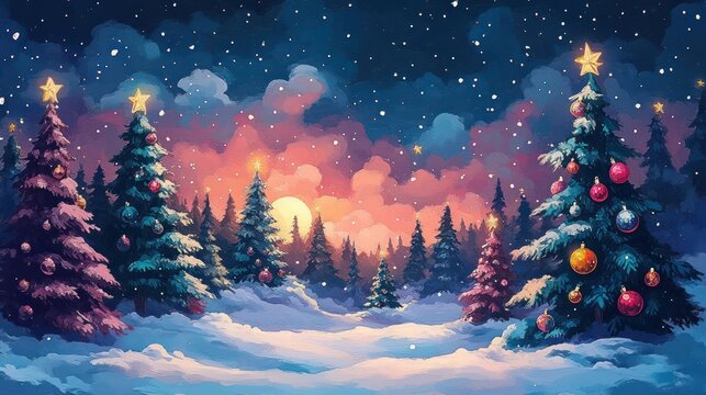 snowy twilight forest with decorated evergreen trees topped by glowing stars, colorful sunset clouds, falling snow and a serene magical holiday glow