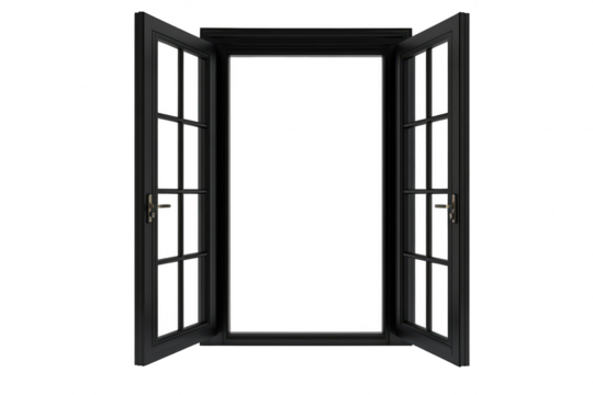 A pair of elegant black-framed double doors standing wide open. inviting light and fresh air into a bright. empty space. symbolizing openness and new opportunities - Powered by Adobe