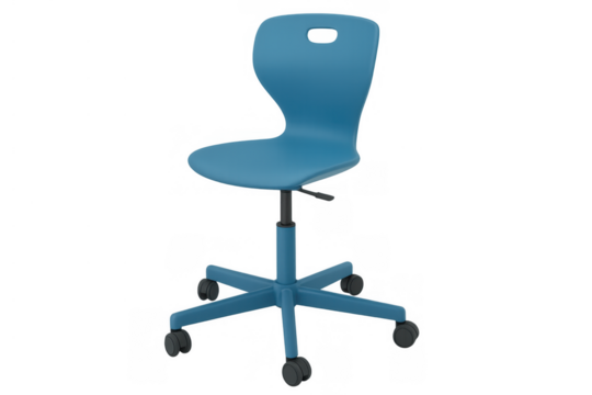 Blue plastic office chair with wheels and adjustable height, providing ergonomic support for students and remote workers