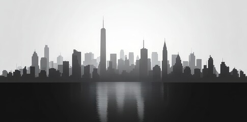 monochrome city skyline silhouette with tall skyscrapers, spires and soft fog reflected on calm water, serene and contemplative mood