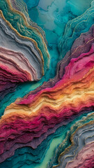 Abstract Alcohol Ink Fluid Dynamics Featuring Saturated Layered Colors With Gold Lines And Fine Glitter.