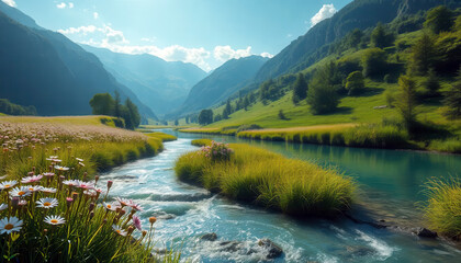 Idyllic Alpine Valley With Turquoise River Flowing Through Lush Meadows Under Bright Sunny Sky.
