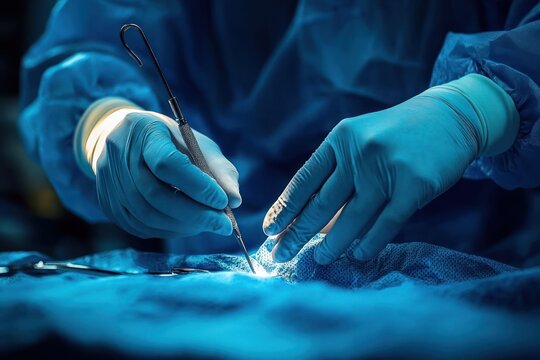 gloved surgeon hands performing delicate surgery with surgical instruments on a draped patient under bright operating room light, focused precision and care - Powered by Adobe