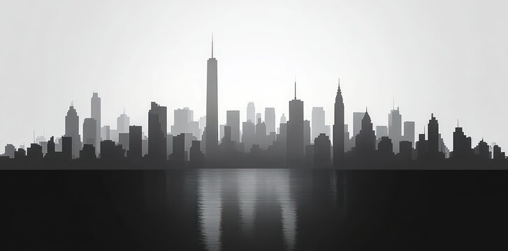 monochrome city skyline silhouette with tall skyscrapers, spires and soft fog reflected on calm water, serene and contemplative mood - Powered by Adobe