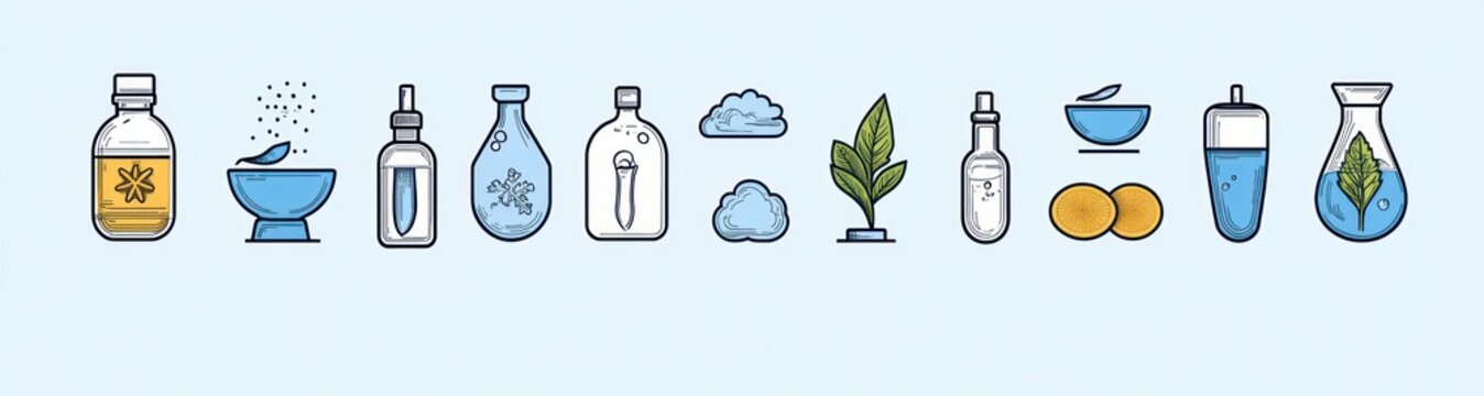 calm row of natural skincare and aromatherapy icons featuring bottles, droppers, mortar bowl, vials, flasks, leafy sprigs, clouds and citrus slices conveying fresh wellness