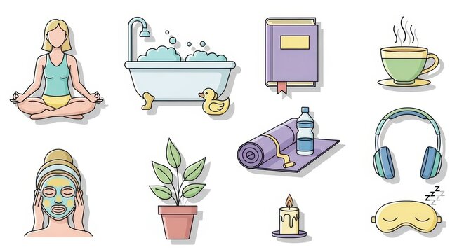 Collection of icons illustrating various self care and relaxation activities