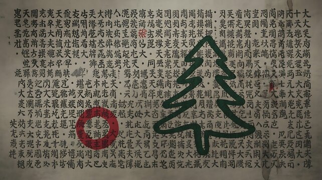 Chinese Calligraphy with Christmas Tree and Red Circle Overlay Art