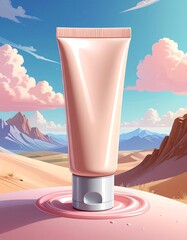 A pastel-hued cosmetic tube stands upright against a surreal desert backdrop of mountains, dunes, and fluffy clouds. A small pink spill below the tube