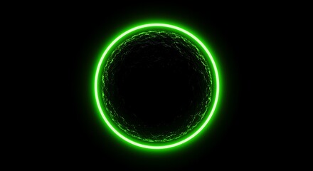 Glowing Green Neon Circle Around Textured Dark Sphere On Black Background Keywords: abstract, sphere, circle, glowing, neon, green, light, dark