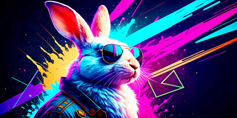 Cool bunny with sunglasses on colorful background.