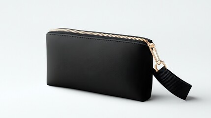 A black clutch bag with a gold zipper and a black fabric wrist strap is shown against a clean white background.