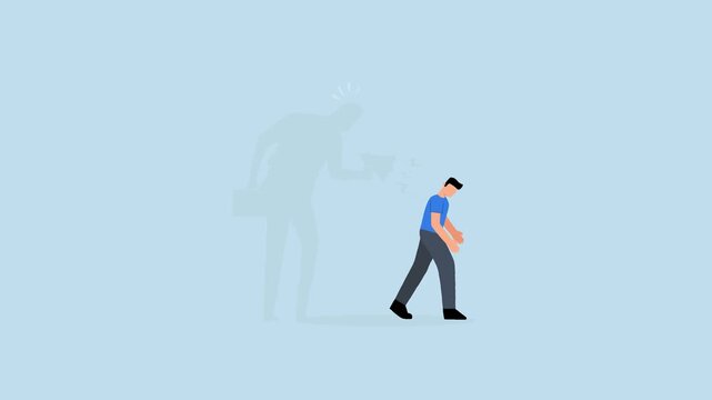 Self criticism - Self criticism, 4k animation dejected entrepreneur casts shadow of self-accusation using megaphone.