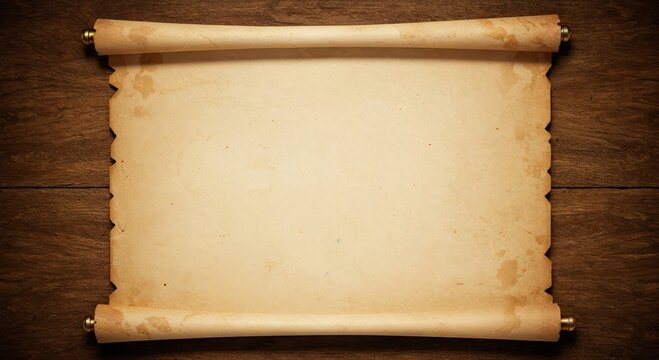 Ancient Parchment on Wood: An antique scroll of parchment unfurls, revealing an aged texture against a backdrop of rich, wooden grains. Evoking a sense of history, knowledge, and mystery.