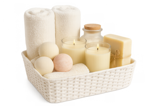 Spa wellness items with burning candles and bath products for relaxation and self-care, transparent background