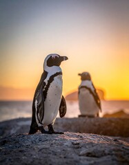 Two penguins atop rocky shore, silhouetted by golden sunset glow