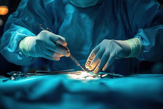 Close-up of gloved surgeon hands using forceps and scalpel over a sterile draped patient under focused surgical light, conveying intense concentration and precision