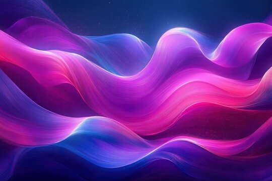 glowing flowing ribbons and undulating waves in neon pink, purple, and blue over a starry deep sky, dreamy and energetic