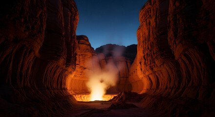 Steaming geothermal vent in a rocky canyon at dusk.