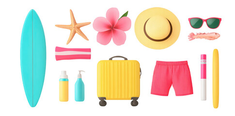 A collection of summer beach essentials including a surfboard. starfish. tropical flower. sun hat. sunglasses. swim shorts. sunscreen bottles. and a suitcase. ideal for vacation planning
