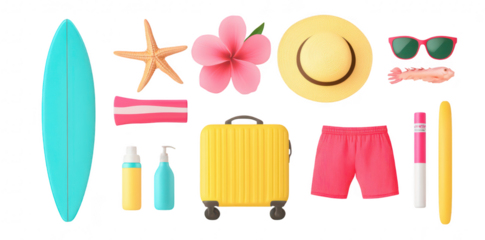 A collection of summer beach essentials including a surfboard. starfish. tropical flower. sun hat. sunglasses. swim shorts. sunscreen bottles. and a suitcase. ideal for vacation planning