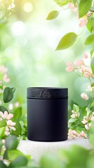 A matte black cylindrical container with a patterned lid sits on a textured pedestal, framed by vibrant green leaves and soft pink flowers.