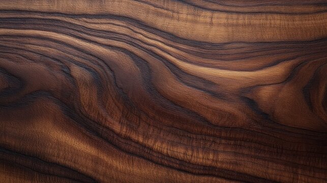 Close-up of polished dark brown wood grain with flowing wavy lines and warm rich tones conveying calm organic elegance