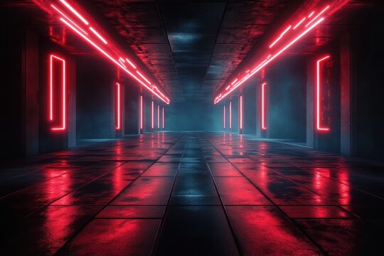 Empty neon-lit futuristic corridor with glowing red lights, reflective wet tiled floor, concrete walls and ceiling, drifting fog and symmetrical vanishing perspective, moody and eerie