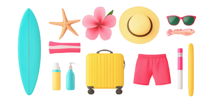 A collection of summer beach essentials including a surfboard. starfish. tropical flower. sun hat. sunglasses. swim shorts. sunscreen bottles. and a suitcase. ideal for vacation planning