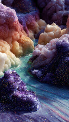 Macro Landscape Of Glittering Crystalline Mineral Formations With Iridescent Liquid Flowing Between Banks.