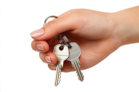 Hand with neatly manicured nails holding two silver keys on a keyring, gesture of offering or handing over on a clean white background conveying trust and new beginning