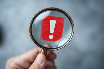 hand holding magnifying glass focusing on a red exclamation mark painted on glass conveying urgency and alertness