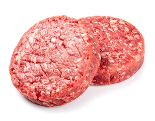 Two raw, circular meat patties, isolated on a white background