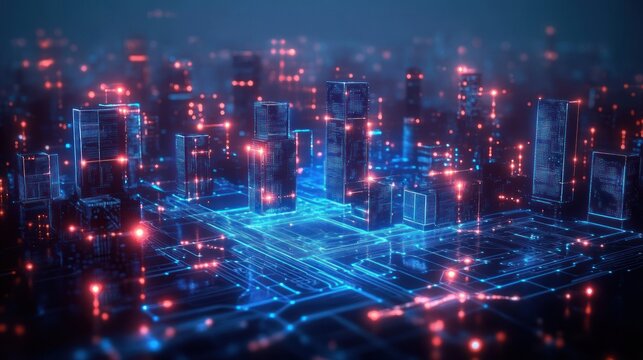 futuristic glowing circuit board city with translucent skyscrapers, neon blue pathways and scattered red data lights conveying vibrant connected energy