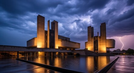 Architectural grandeur under storm clouds at Discovery Center, illuminated cityscape