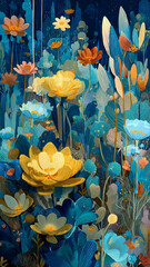 Vertical Abstract Illustration Of Stylized Flowers In Deep Blue And Yellow Hues Blending Organic And Graphic.