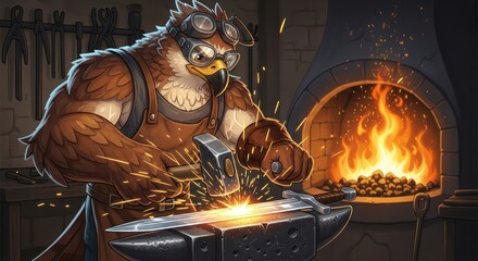 Cartoonish avian blacksmith meticulously forging a glistening sword near a fiery furnace