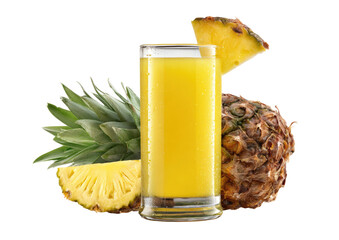 Yellow juice glass surrounded by fresh pineapple pieces