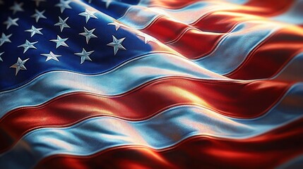Close-up of a waving american flag with stars and stripes on shimmering satin fabric, dramatic lighting and rippling folds conveying pride, patriotism and solemn majesty