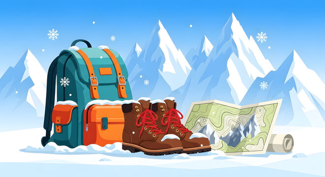 Winter mountain hiking equipment for an adventure expedition.