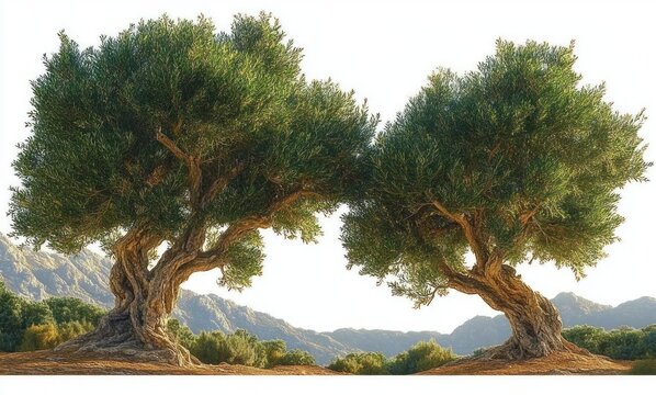 Two ancient gnarled olive trees with twisted trunks and lush green canopies on sunlit rocky ground, distant mountains and bright sky conveying calm serenity and timelessness