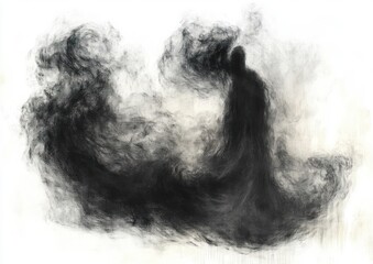 Solitary hooded silhouette formed of swirling smoke and charcoal strokes, an eerie monochrome apparition evoking mystery, melancholy and quiet contemplation
