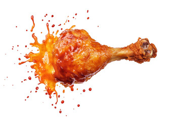 A crispy. golden-brown fried chicken drumstick splashes through a vibrant. orange sauce. its delicious texture and flavor. perfect for food advertising or culinary presentations